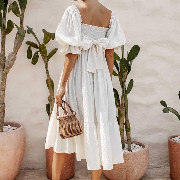 Amazon Dresses & Skirts - 2/$40 Womens summer cotton puff sleeves bow off shoulder boho midi dress large